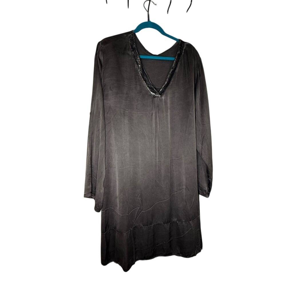 Angela Mara Gray Sequenced V-Neck accent Sz L Dress PTP 27" Italy